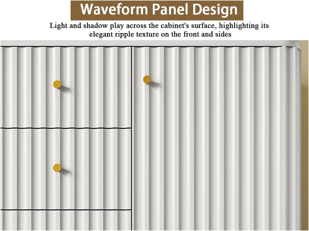 Lunale 48" 3-Door Storage Buffet Cabinet, Cabinet with Vertical Stripes Design Doors and Metal Handles for Living Room, White