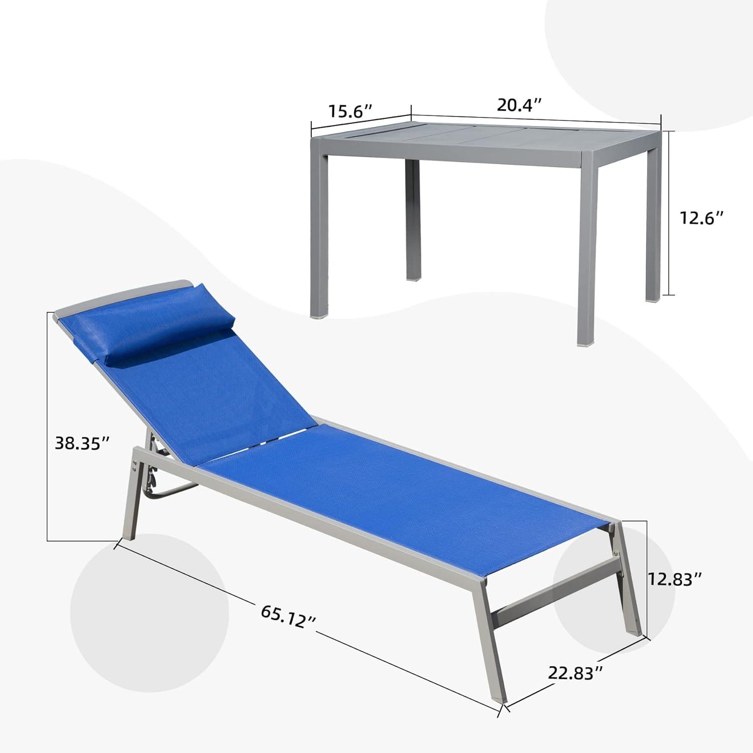 Blue Aluminum Armless Chaise Lounge Set with Side Table