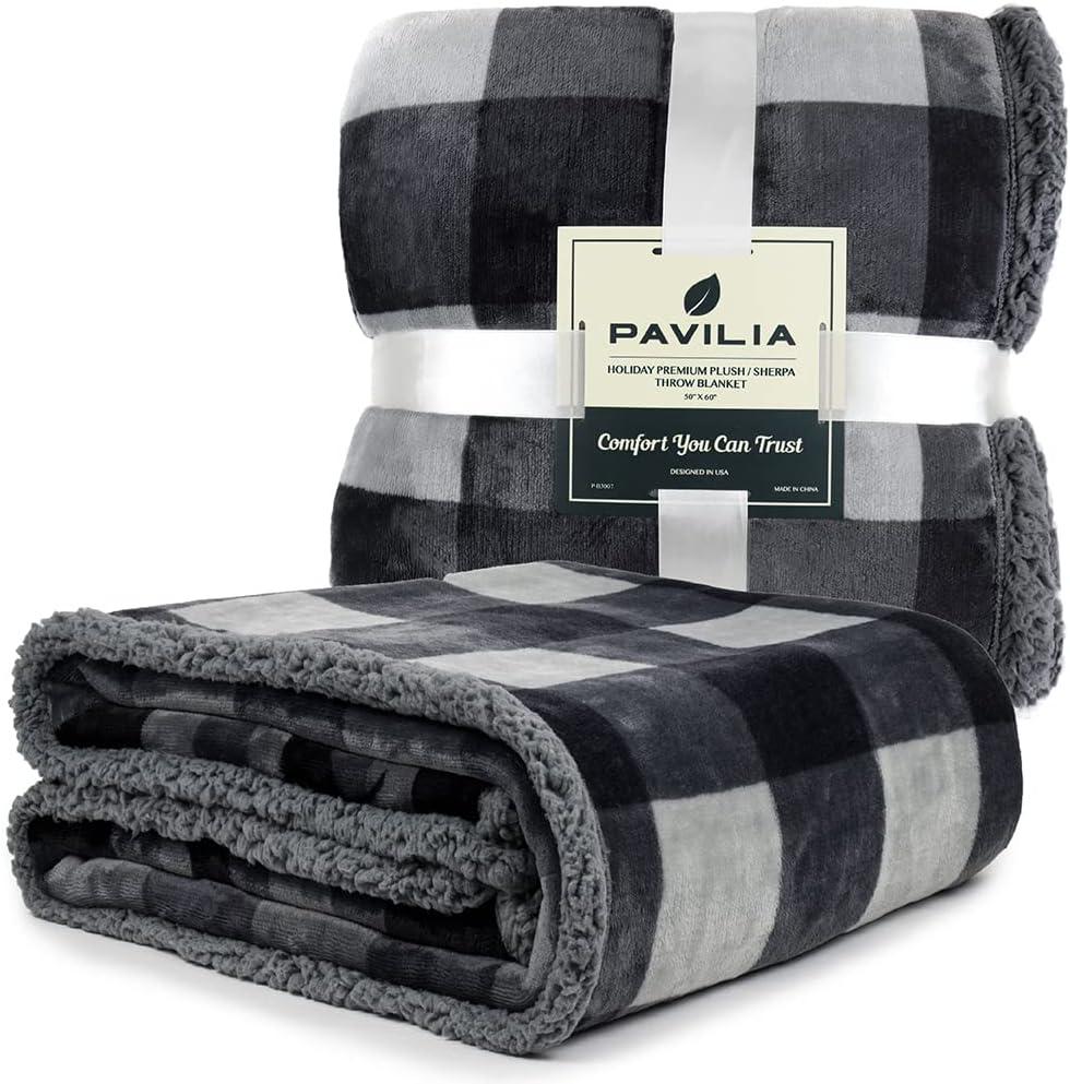 PAVILIA Premium Faux Shearling Fleece Throw Blanket for Bed, Reversible Warm Blanket for Couch Sofa