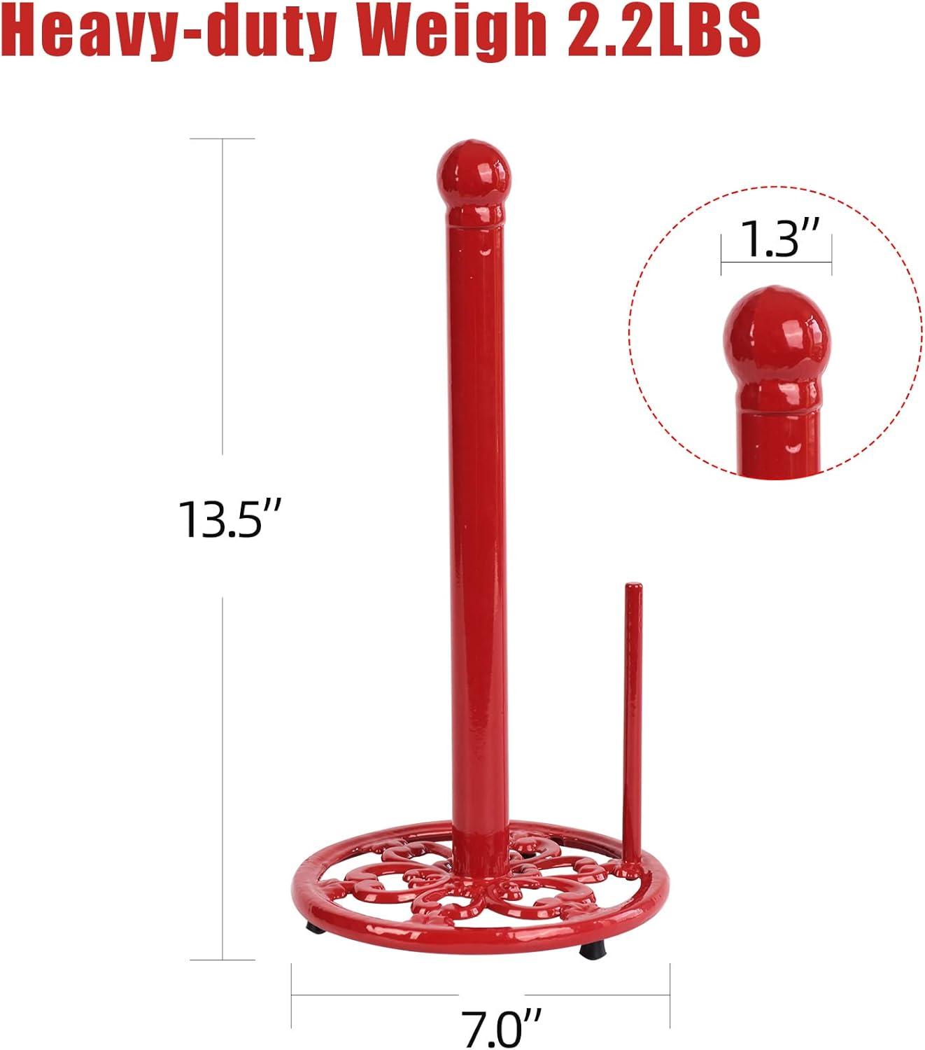 Vintage Paper Towel Holder Countertop - Cast Iron Standing Roll Paper Towel Dispenser with Elegant and Heavy Daffodil Pattern Base for Kitchen Décor, Red