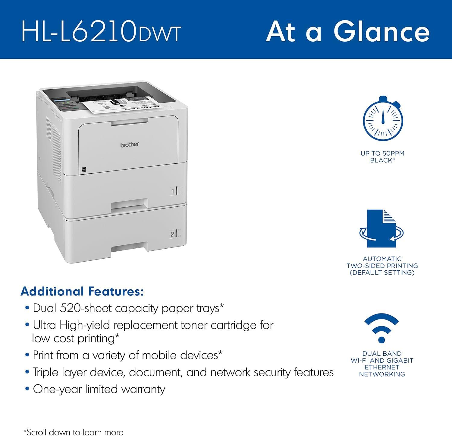 Brother HL-L6210DWT Business Monochrome Laser Printer with Dual Paper Trays, Wireless Networking, and Duplex Printing