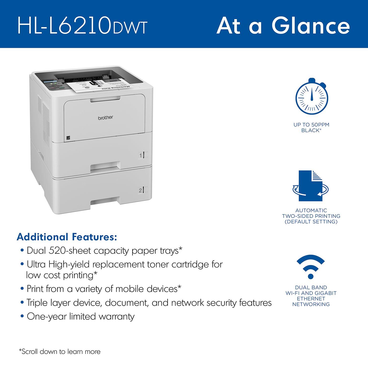 Brother HL-L6210DWT Business Monochrome Laser Printer with Dual Paper Trays, Wireless Networking, and Duplex Printing