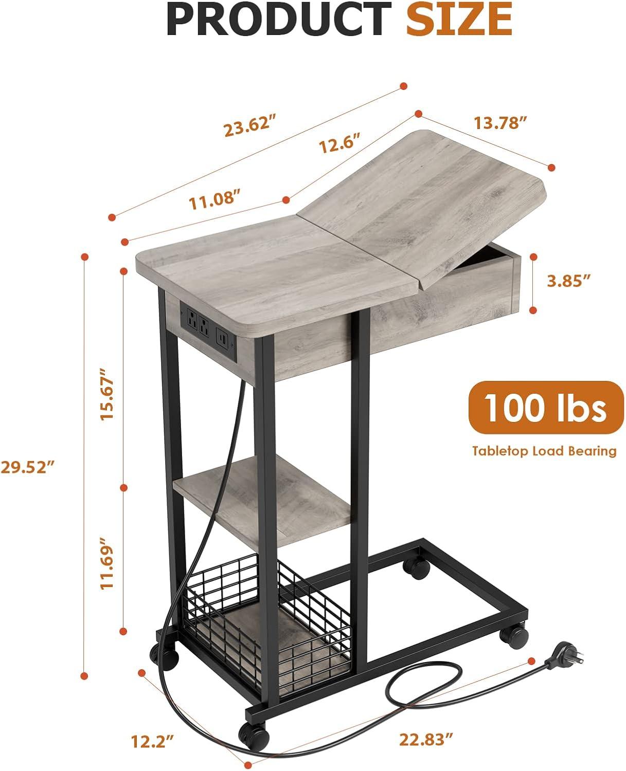 C-Shaped Side Table with Charging Station, Flip Top End Table with USB Ports and Outlets