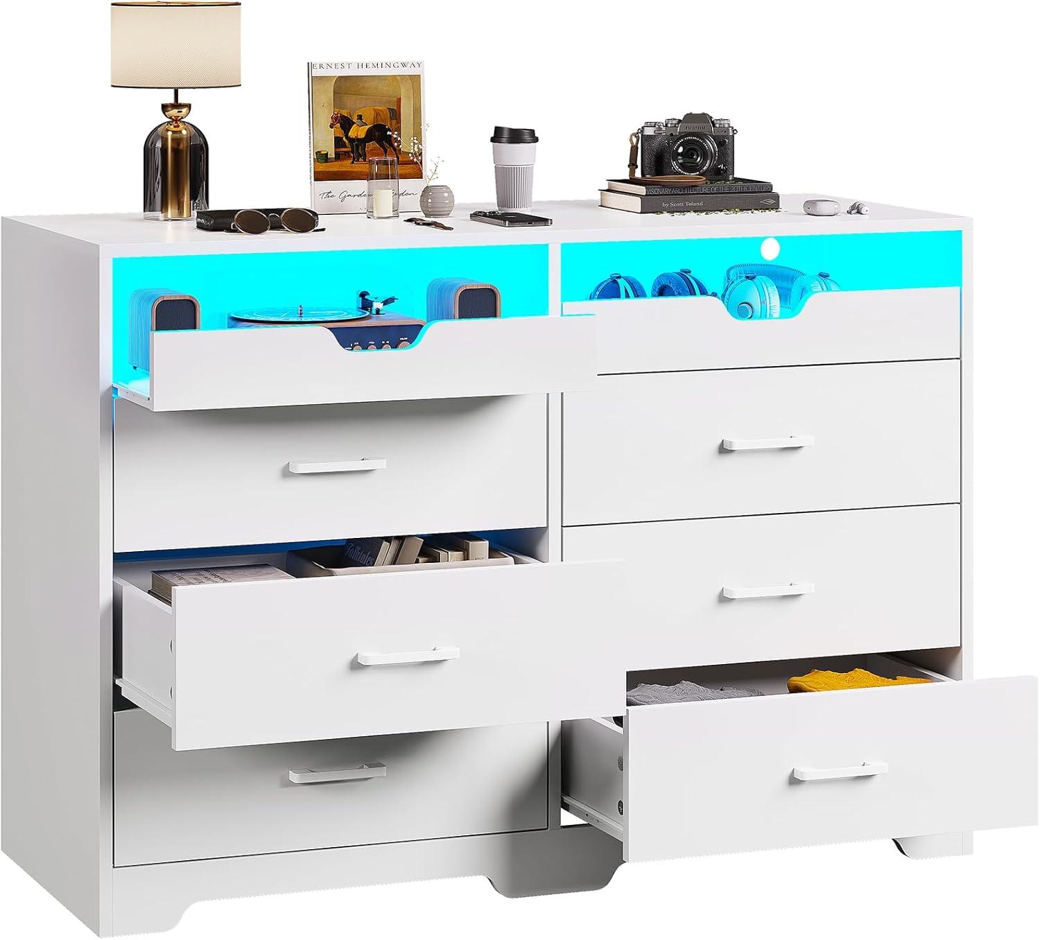 6 Drawers Dresser with LED Lights&Pull-Out Tray for Bedroom,Modern Double Dresser Chest of Drawers Storage Organizer for Living Room, White