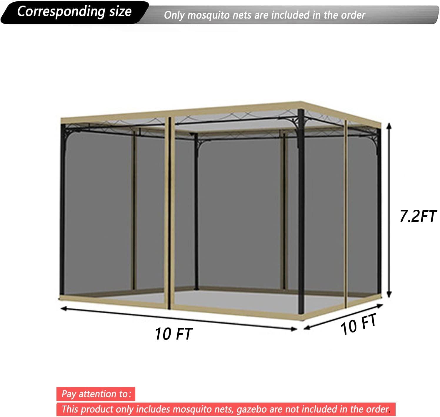 Black 10x10 Ft Waterproof Gazebo Mosquito Netting with Zippered Doors