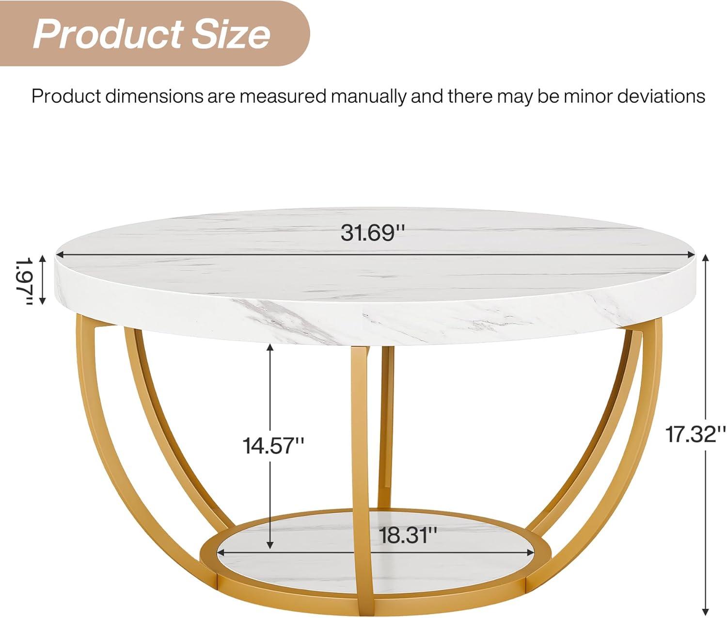 Kepooman Wooden Coffee Table, 2-Tier Round Central Cocktail Table with Shelves,White