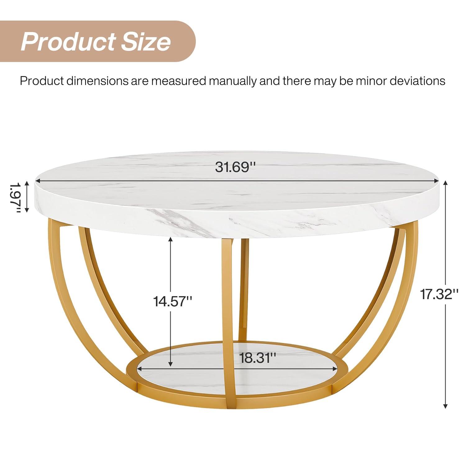 Kepooman Wooden Coffee Table, 2-Tier Round Central Cocktail Table with Shelves,White