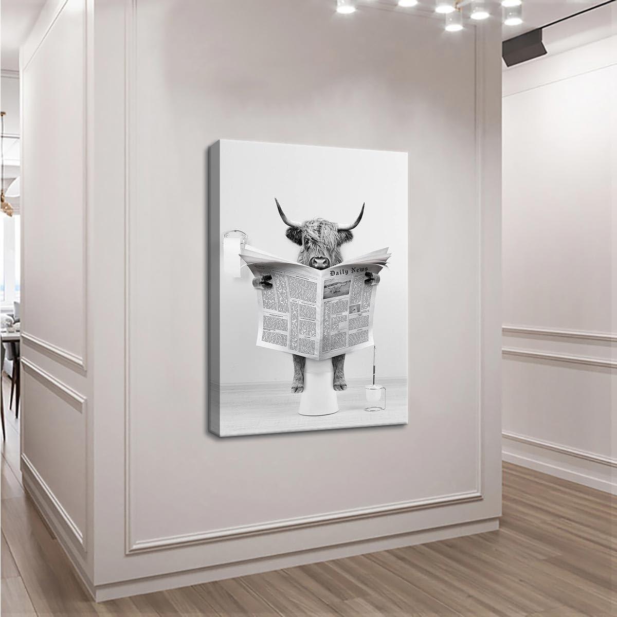 Modern Black Framed Highland Cow Wall Art Minimalist Bathroom Wall Decor Cute Funny Animals Artwork Canvas Prints Ready to Hang for Guest Bathroom, Hotel, Condo, Kids Bathroom, 12”x16”