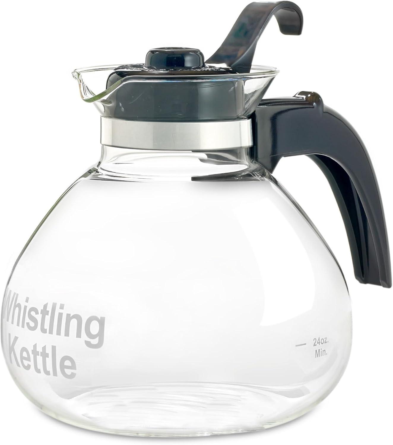 Café Brew Collection Clear Glass Whistling Tea Kettle, to Purely Brew Tea With No Metallic Taste or Other Carafe Flavors, 12 Cup Capacity