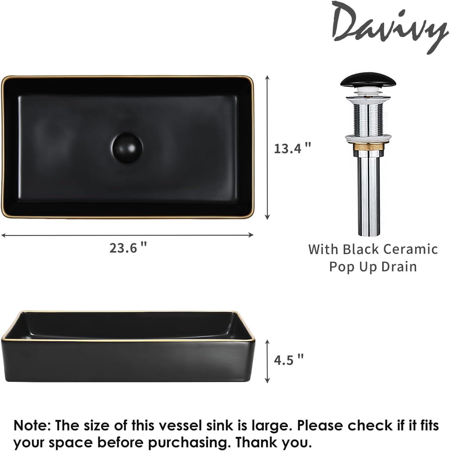 Davivy 23.6'' Matte Black Ceramic Rectangular Vessel Sink with Gold Trim