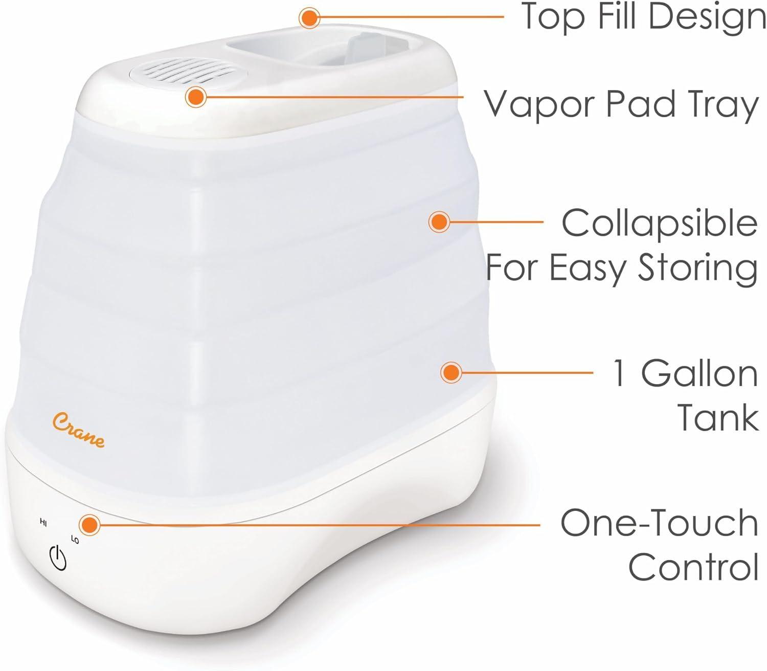 Crane USA 1 Gal. Warm Mist Collapsible Humidifier, White, Top Fill, for Medium Rooms Up to 500 sq. ft.