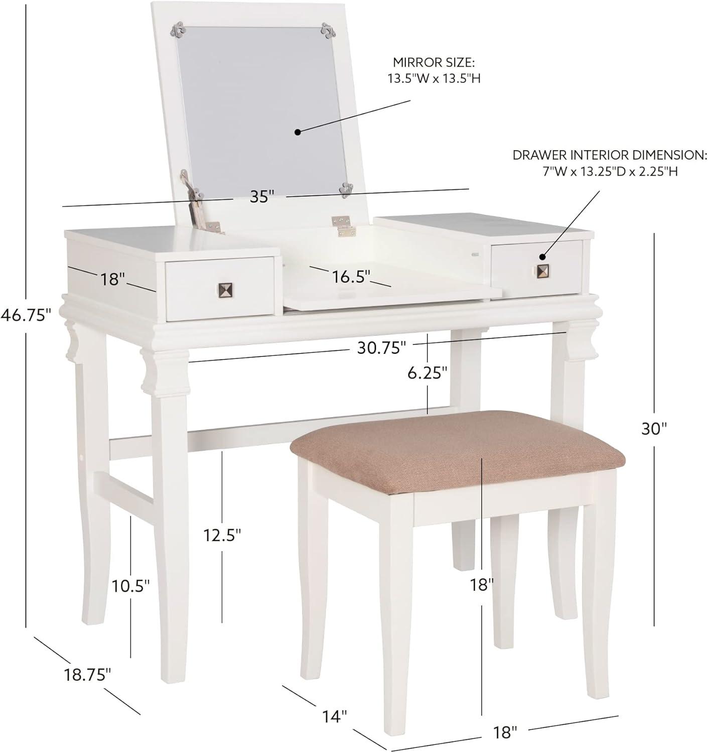 Linon Angela Wood Vanity & Padded Beige Stool 2 Drawers Flip Up Mirror in White