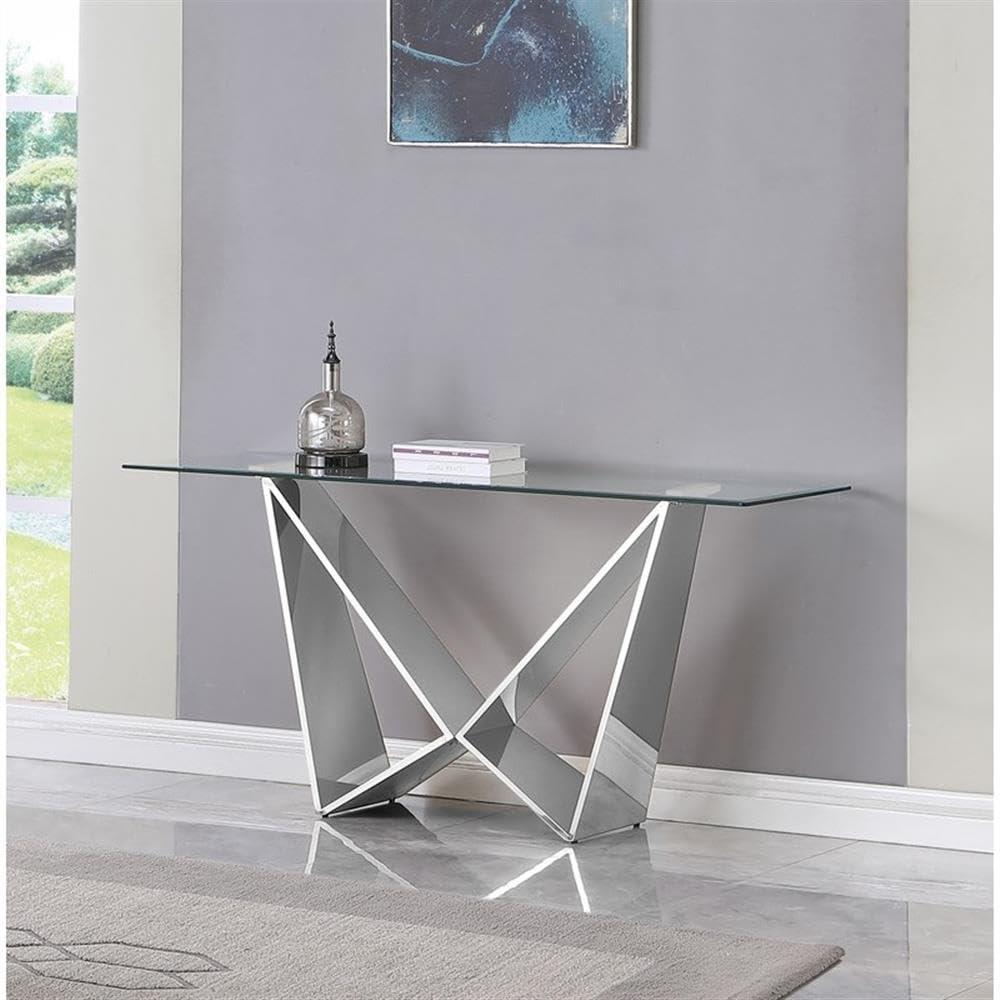 Clear Glass and Silver Metal Geometric Console Table