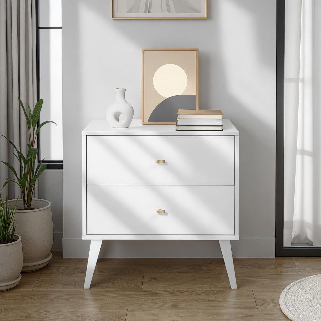 Mid Century Modern 2 Drawer Wide Nightstand White - Prepac: Sleek Bedside Table, Tapered Legs