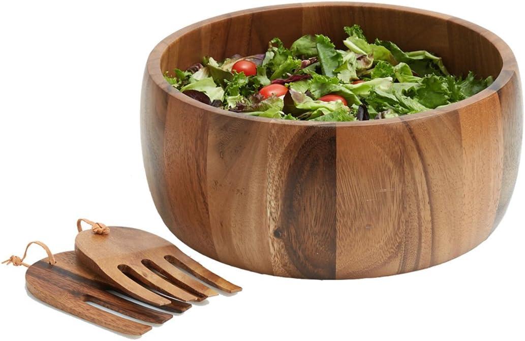 Acacia Wood 10" Salad Serving Bowl with Salad Hands