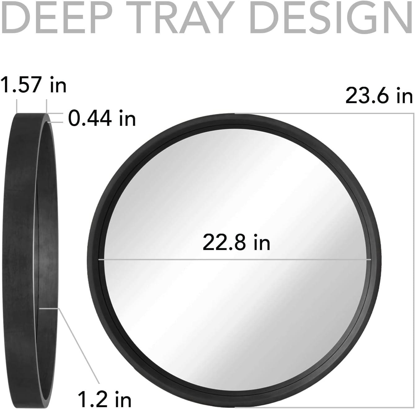 Satin Black Round Pine Wood Wall Mirror, 24-inch