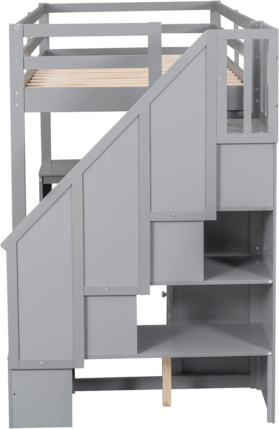 Twin Size Loft Bed with Staircase and L-Shaped Desk, Wooden Loft Bed with Storage Shelves and Drawers, Twin Loft Bunk Bed Frame for Kids Boys Girls Teens, No Box Spring Needed (Gray)