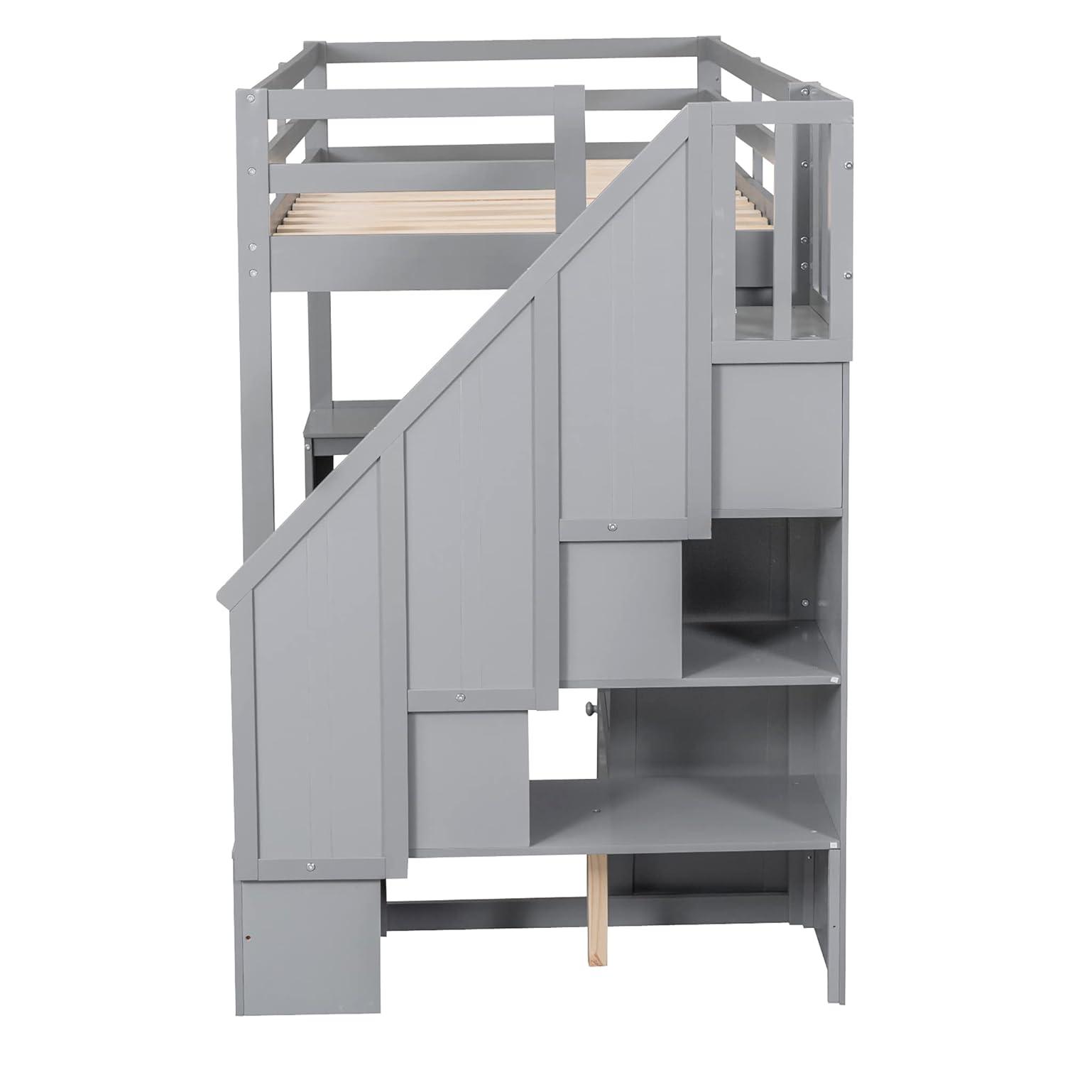 Twin Size Loft Bed with Staircase and L-Shaped Desk, Wooden Loft Bed with Storage Shelves and Drawers, Twin Loft Bunk Bed Frame for Kids Boys Girls Teens, No Box Spring Needed (Gray)