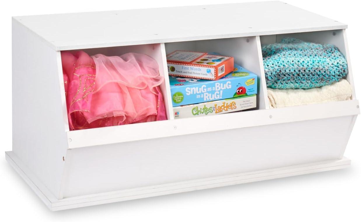 Three Bin Stackable Toy Storage Cubby Organizer - White