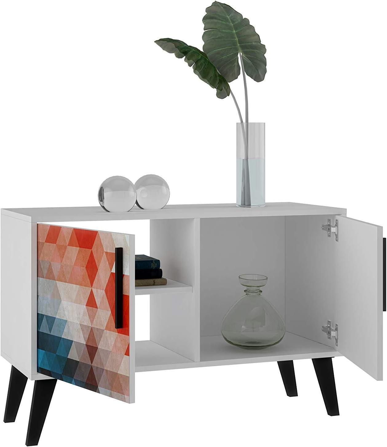 Manhattan Comfort Mid-Century- Modern Amsterdam Double Side Table 2.0 with 3 Shelves in Multi Color Red and Blue