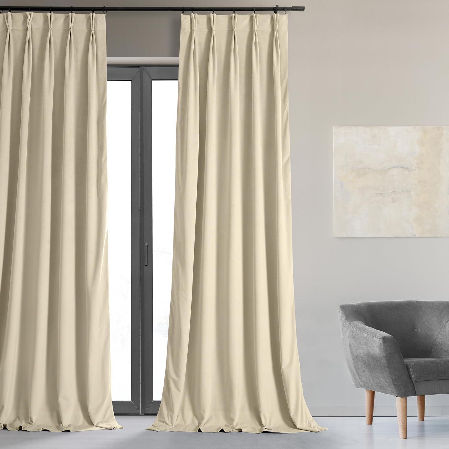 Alabaster Beige Velvet Blackout Pleated Curtain Panel 120"