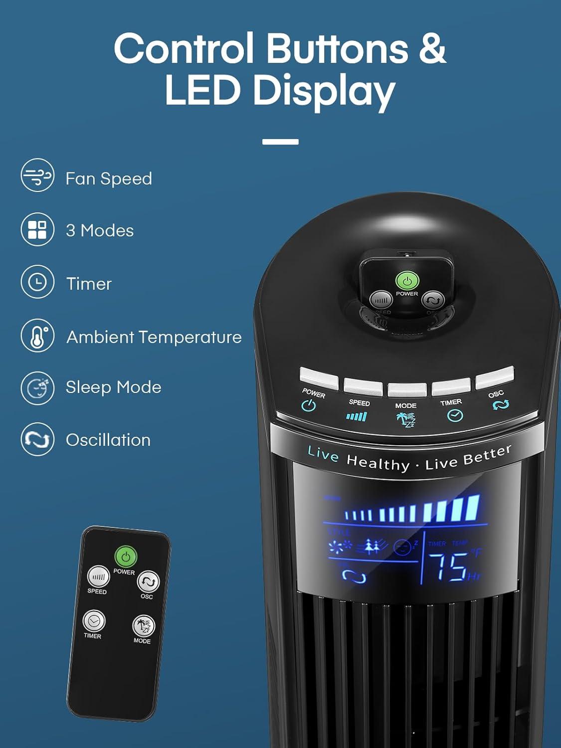 FOHERE Tower Fan, 36" Oscillating Tower Cooling Fan with Remote Control, 12-Hour Timer and Sleep Mode, Portable Stand up Floor Bladeless Fan (Black)