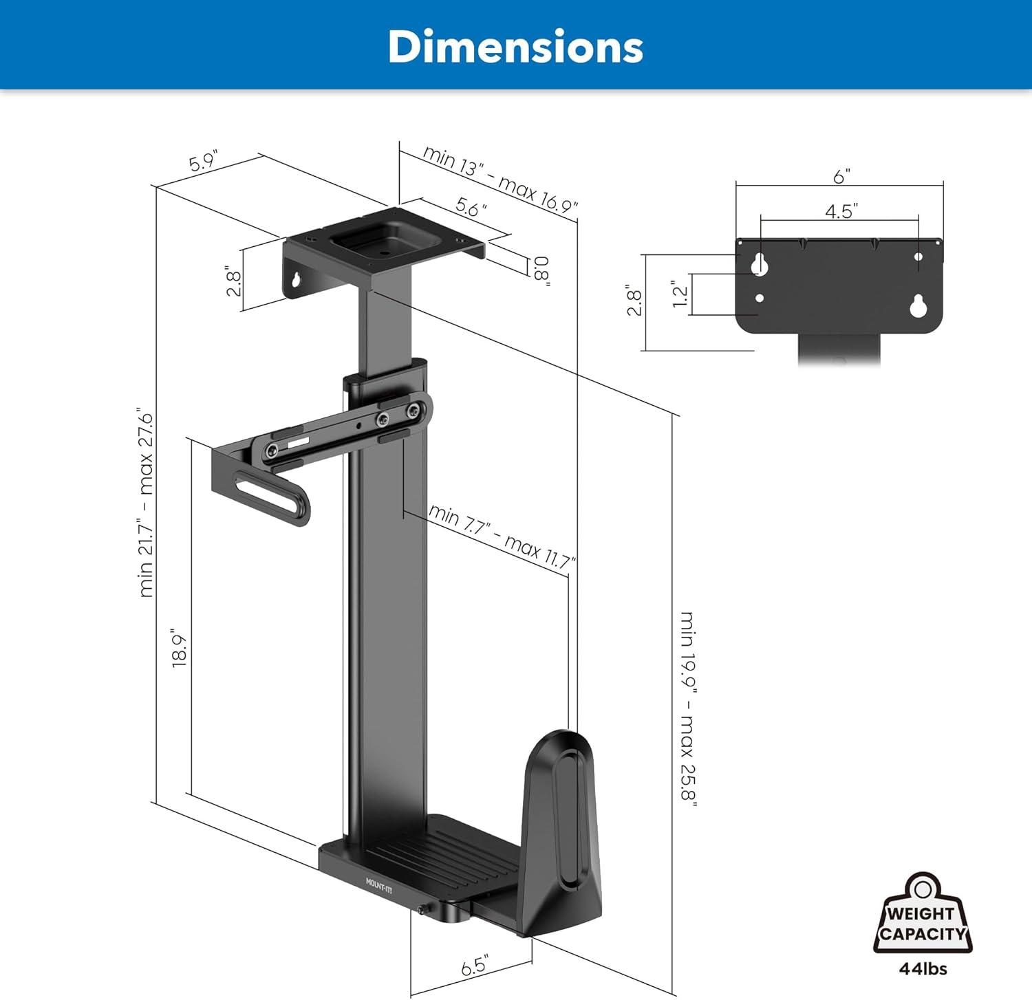 Black Adjustable Steel Under Desk and Wall CPU Mount