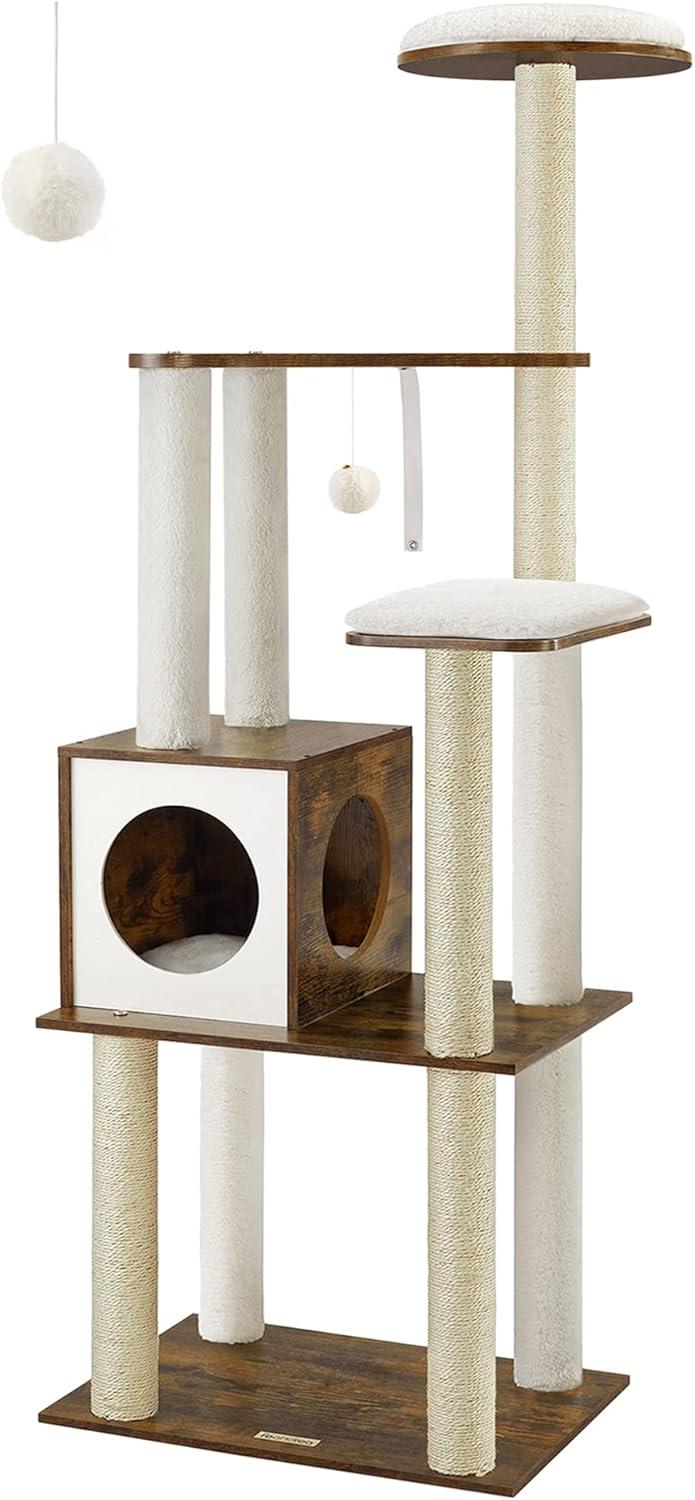 Rustic Brown and Cloud White Multi-Level Cat Tree with Sisal Posts