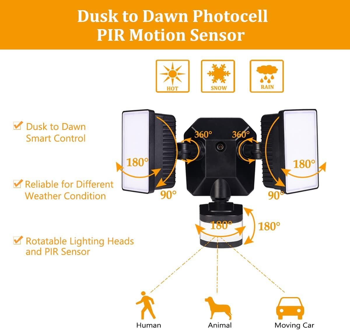 Dusk-to-Dawn Floodlights with Motion Sensor, 5000K Daylight White, ETL Certified, IP65 Outdoor Dual-Head Rotatable LED Security Flood Light for Porch, Driveway, EMANER (Black Fixture, 2-Pack)