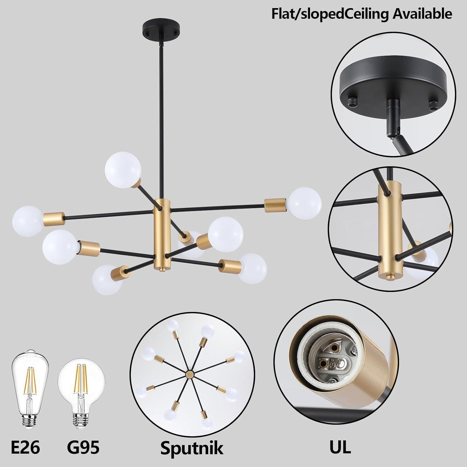 KAISITE Modern Sputnik Chandelier - 8-Light Ceiling Light Fixture Height Adjustable Mid Century Plating Finished Black and Gold Chandelier for Bedroom Living Room Dining Room Kitchen Foyer