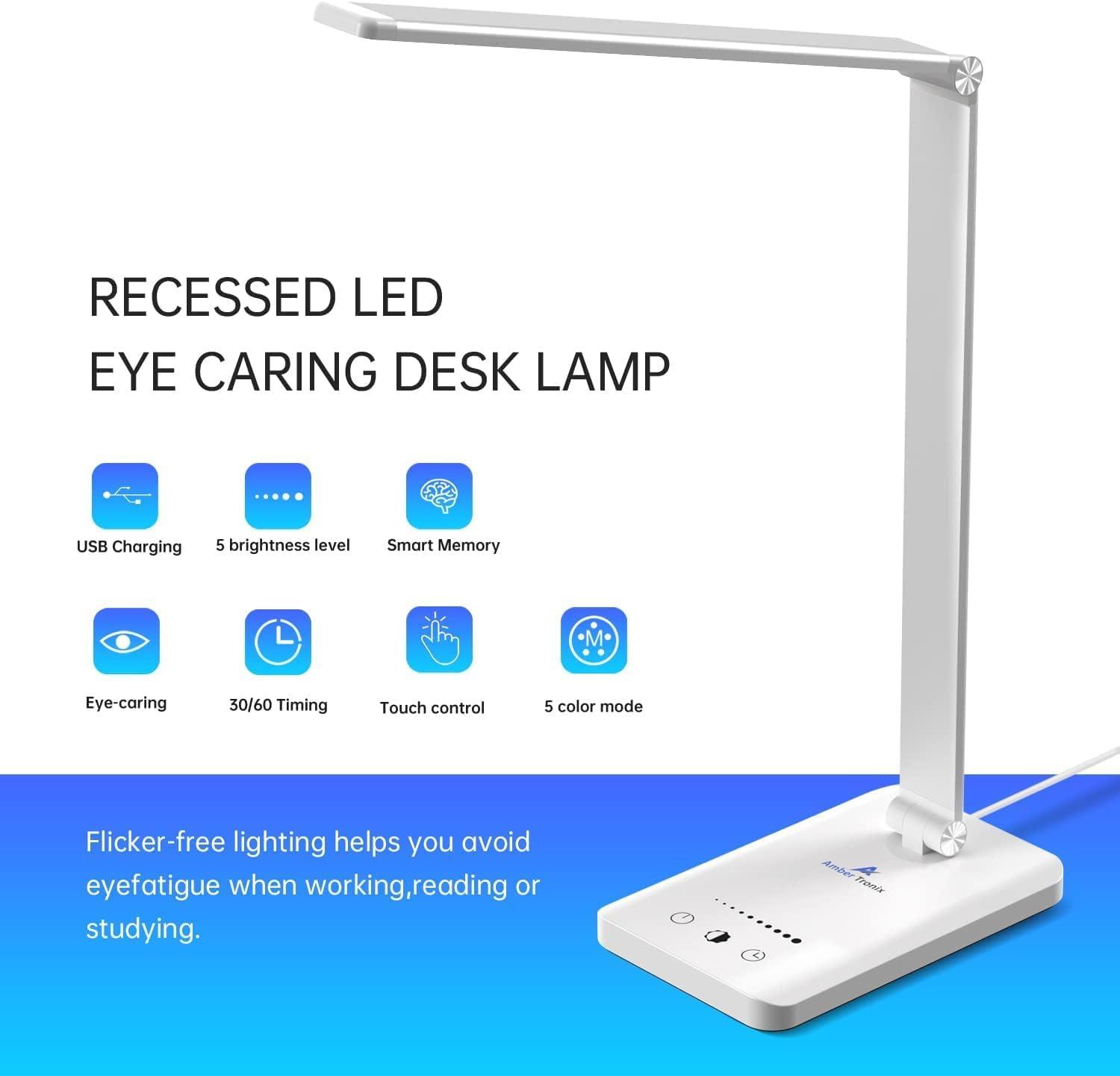 White LED Desk Lamp with USB Charging Port and Touch Control