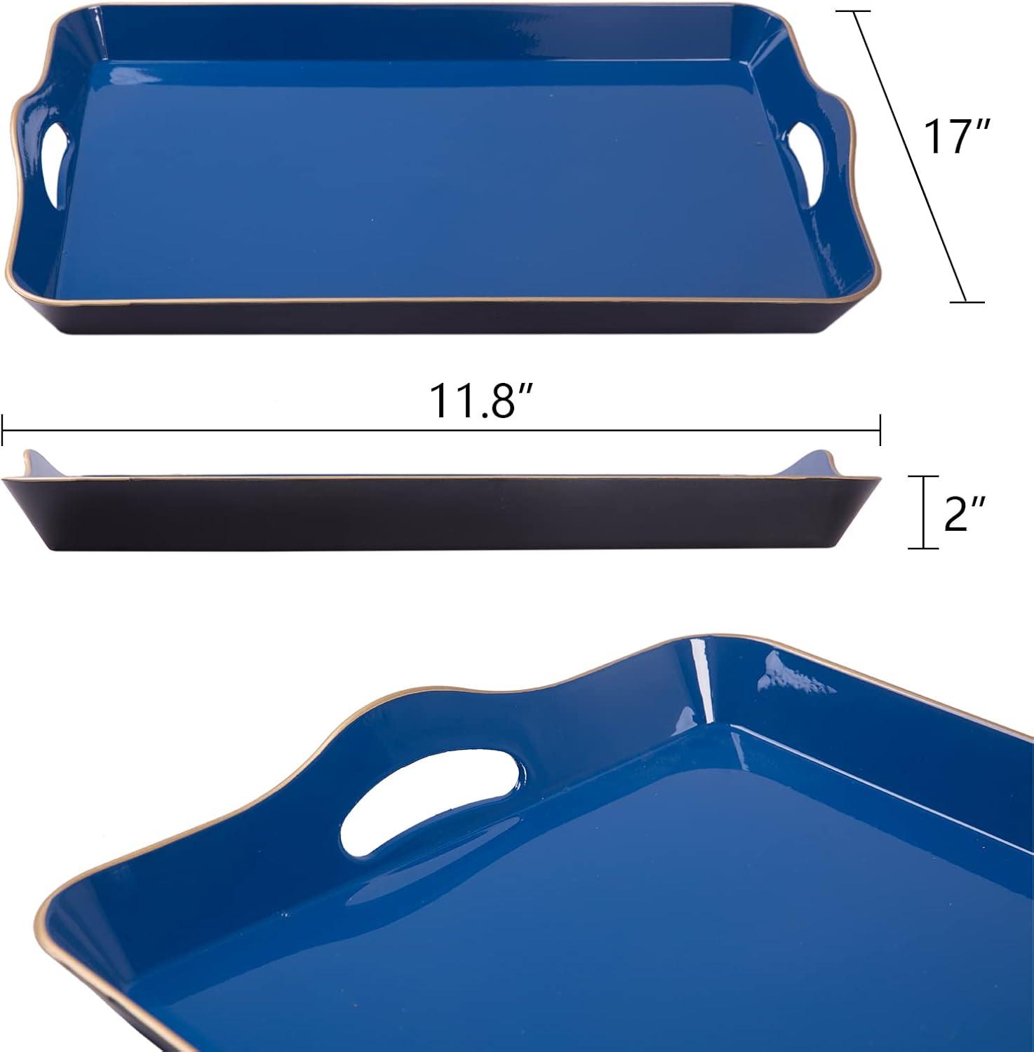 MAONAME Melamine Serving Tray with Handles, Royal Blue Modern Decorative Tray, Rectangular Plastic Tray for Coffee Table, Large Ottoman Tray for Bedroom, Living Room, 17" x 11.8" x 2"