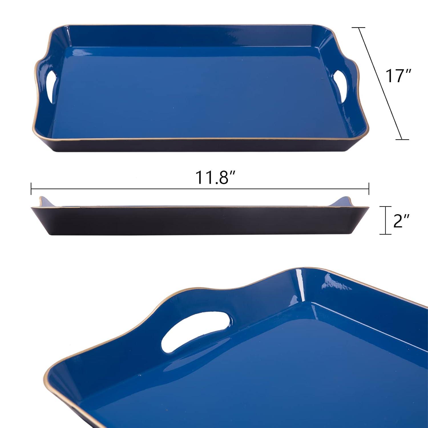 MAONAME Melamine Serving Tray with Handles, Royal Blue Modern Decorative Tray, Rectangular Plastic Tray for Coffee Table, Large Ottoman Tray for Bedroom, Living Room, 17" x 11.8" x 2"
