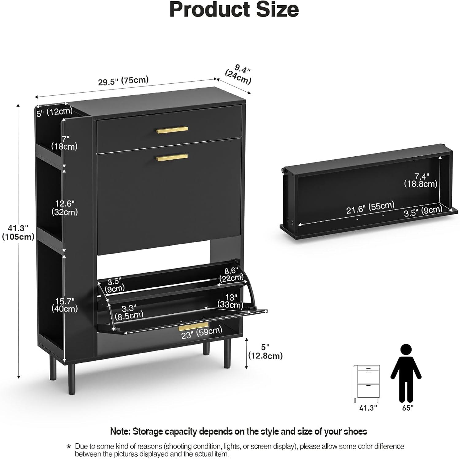 Shoe Cabinet Storage for Entryway  Freestanding Slim Shoe Organizer Cabinet with 2 Flip Drawers  Narrow Shoe Rack with Open Shelves for Hallway  Living Room  White