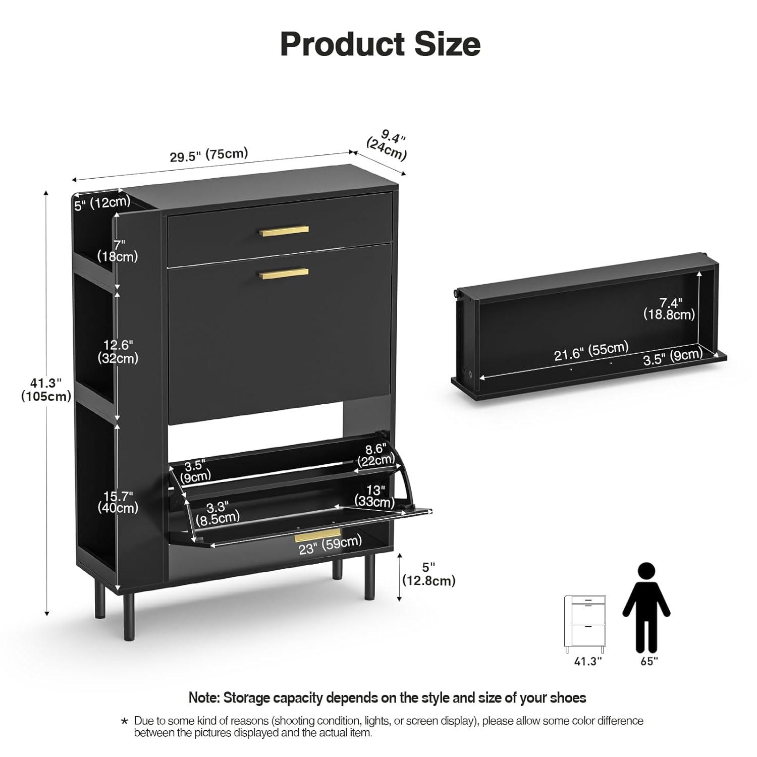 Shoe Cabinet Storage for Entryway  Freestanding Slim Shoe Organizer Cabinet with 2 Flip Drawers  Narrow Shoe Rack with Open Shelves for Hallway  Living Room  White