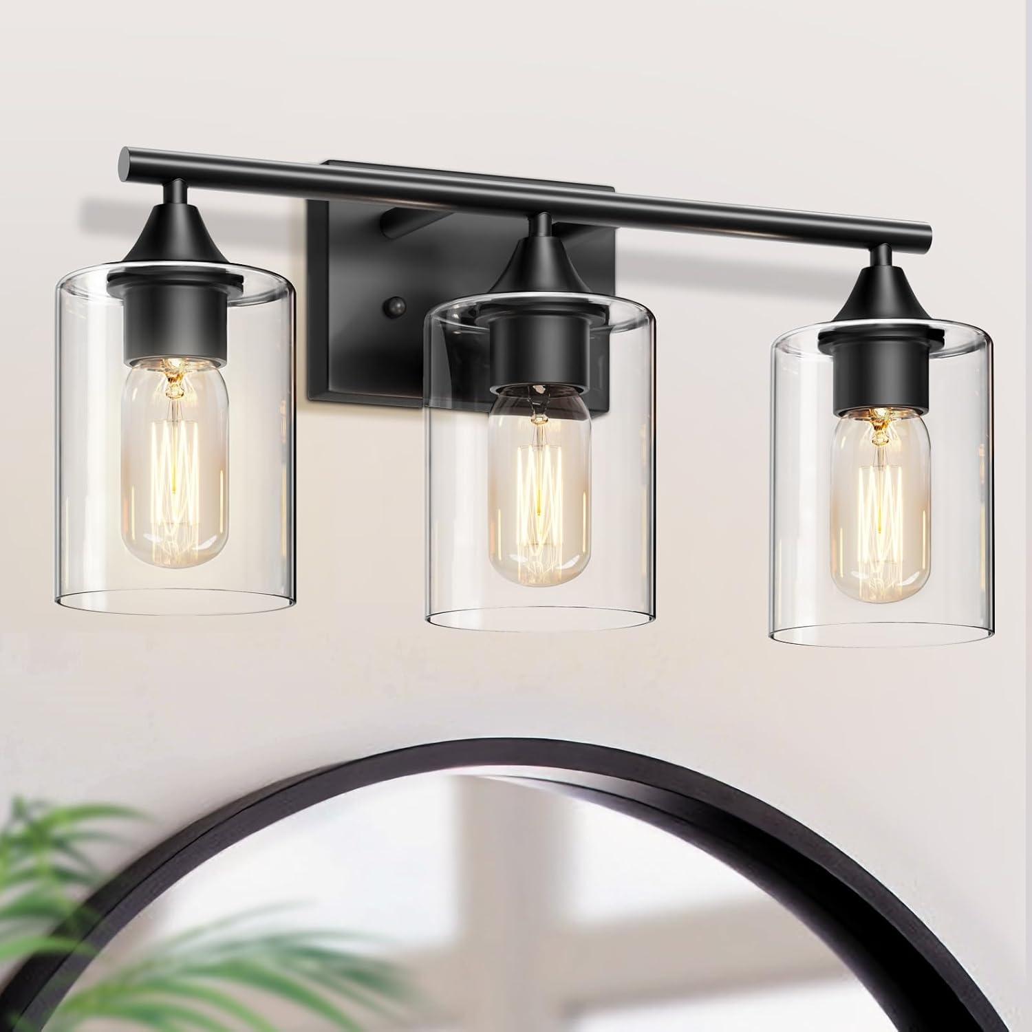 3-Light Bathroom Light Fixtures Bathroom Vanity Lights with Clear Glass Shades Matte Black Bathroom Light Fixtures over mirror for Mirror Living Room Cabinet Bedroom Porch