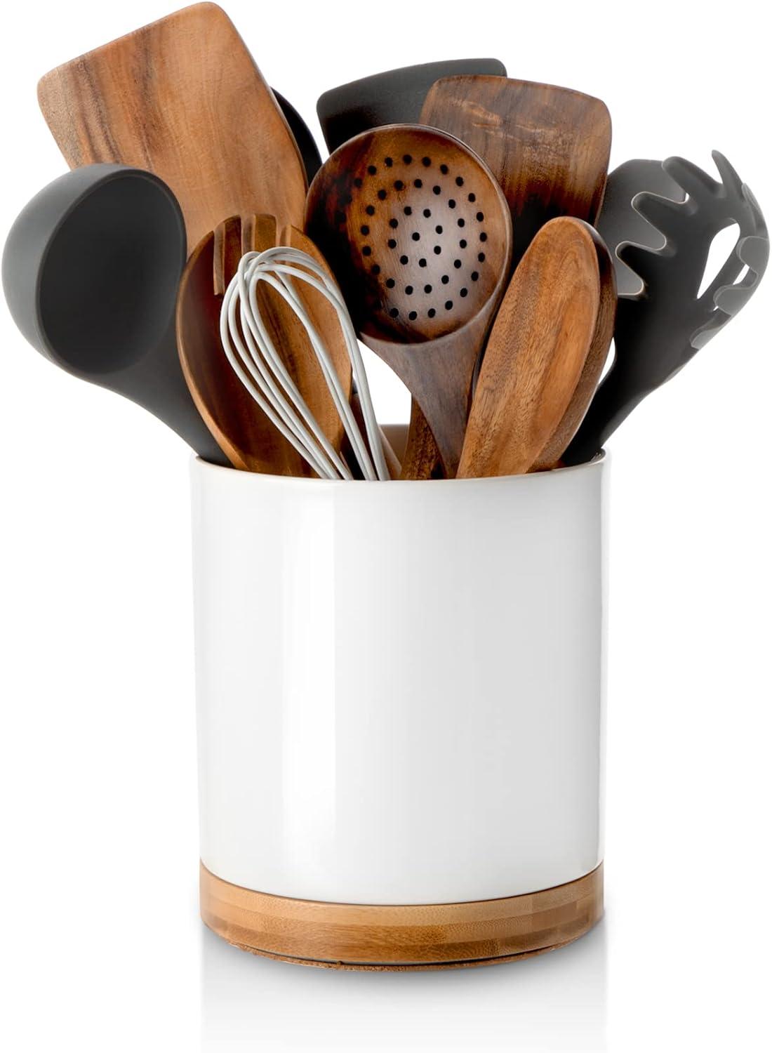 White Ceramic Rotating Utensil Holder with Cork Bottom