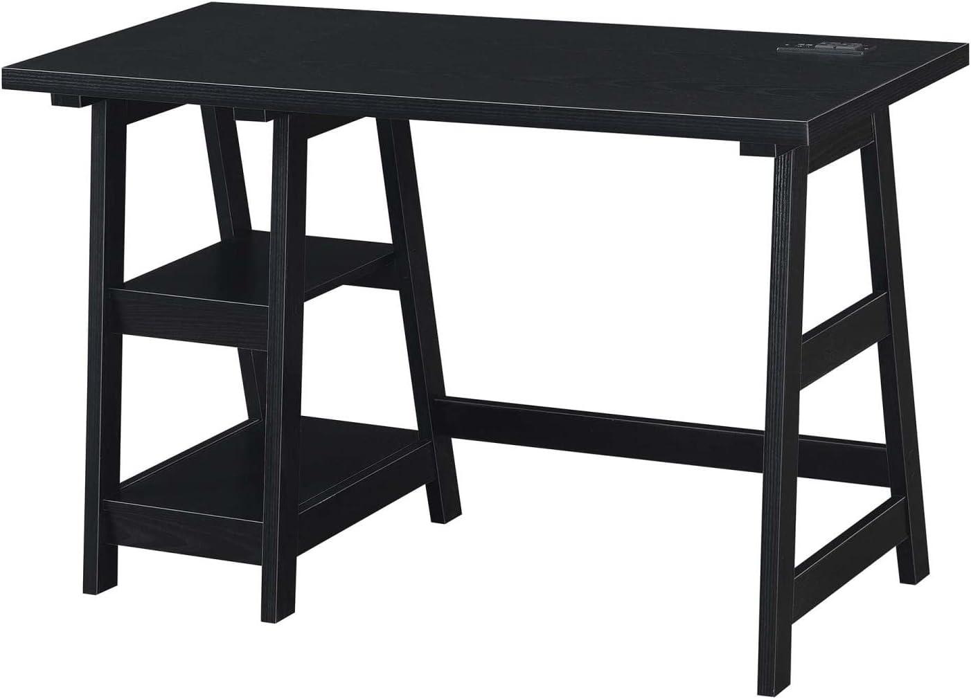 Modern Black Wood Desk with USB Charging Station, 47" Length