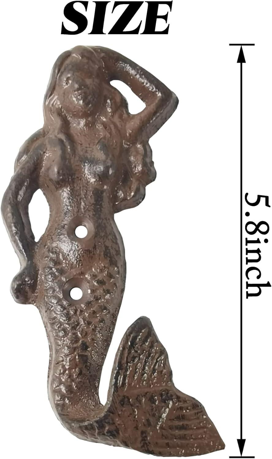 2PCS Rustic Cast Iron Mermaid Hook Wall Hanger Decor Beach Nautical Towel Holder