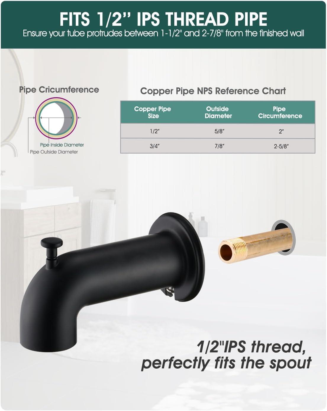 Innovire Extra Long Tub Spout with Diverter, Fits for 1/2" IPS Threads,Matte Black Matte Black