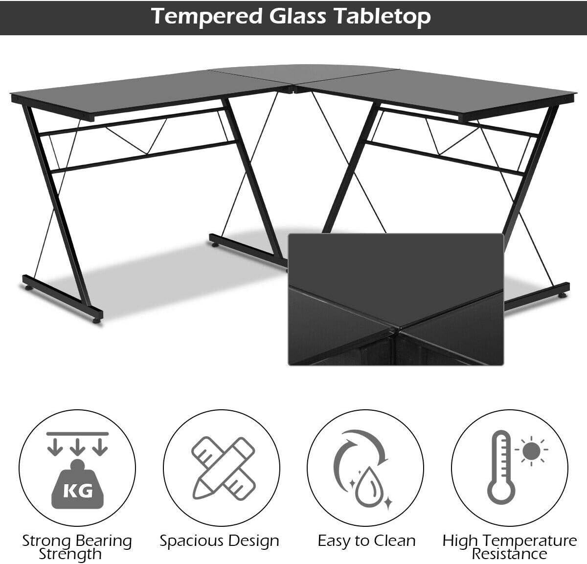 Tangkula L-Shaped, Corner, Modern Simple Style 3-Piece Metal Frame Study Laptop Desk Writing Gaming Table, Computer Workstation Top, Home Office Studio, Black