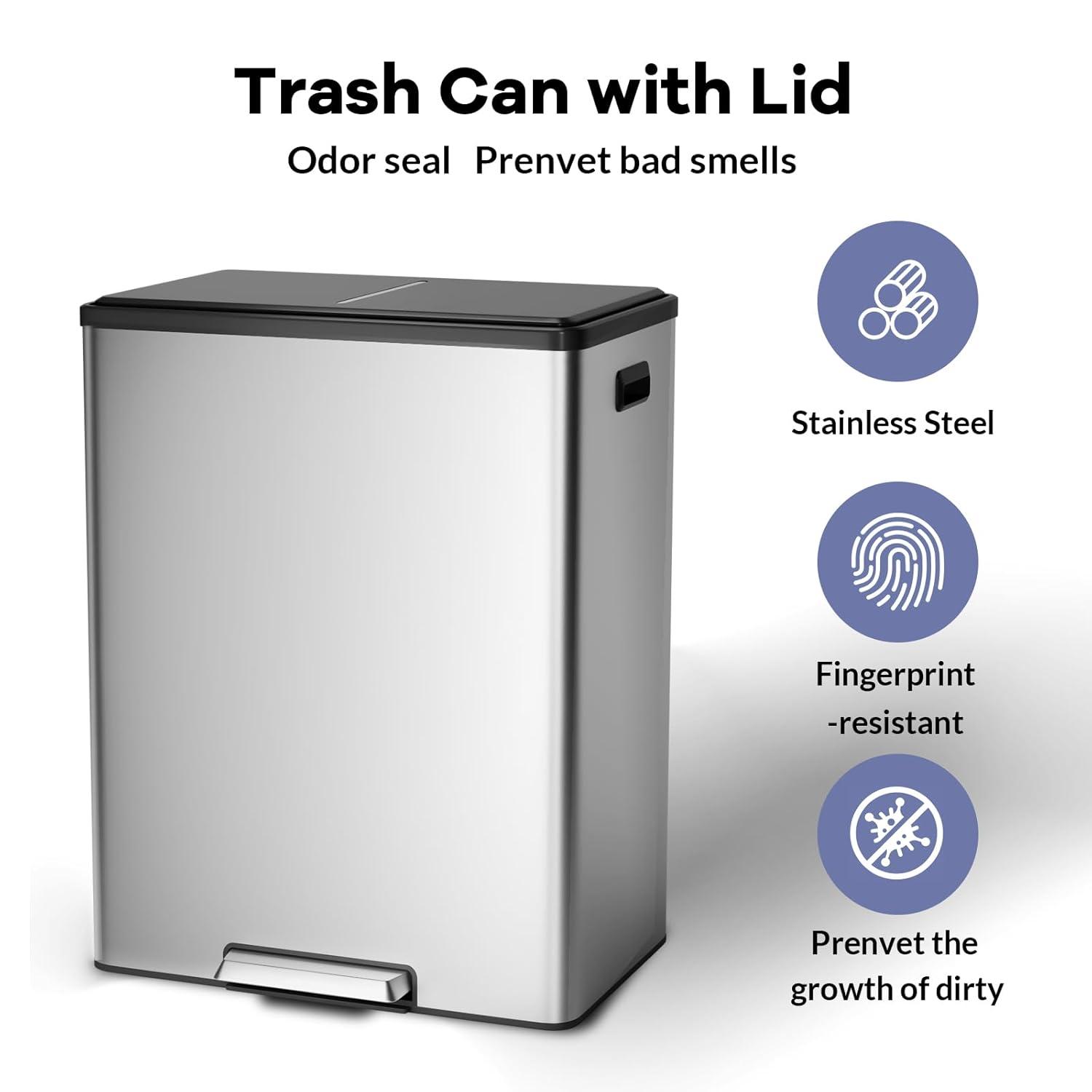 GlowSol Dual Trash Can for Recycling and Trash, Stainless Steel Kitchen Trash Can with Lid and Foot Pedal, Double Compartment Garbage Can, Trash Can with Recycling Bin (2 x 15 L)