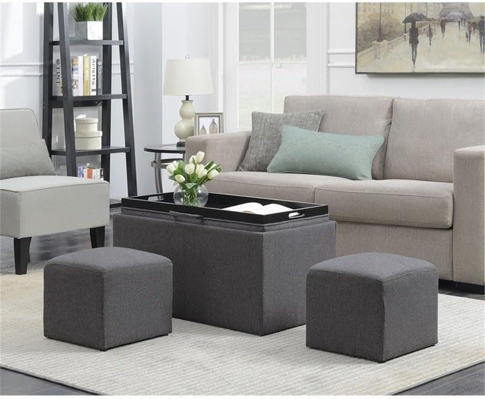 Convenience Concepts Designs4Comfort Sheridan Storage Bench w/ 2 Side Ottomans, Soft Gray Fabric