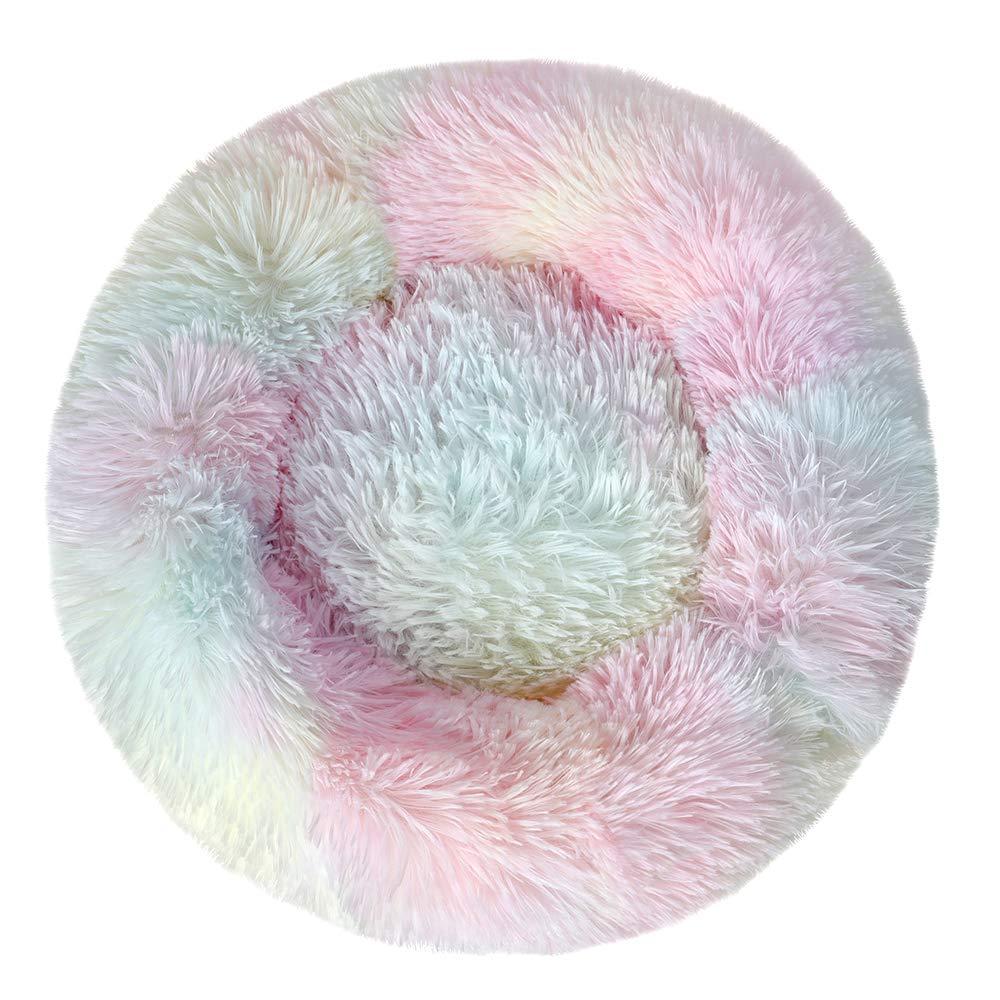 otoez Kitten Puppy Bed Extra Small XS Round Dog Cat Beds Anti Anxiety Plush Pet Calming Donut Bed with Non-Slip Waterproof Bottom, Washable (15.7", Rainbow)