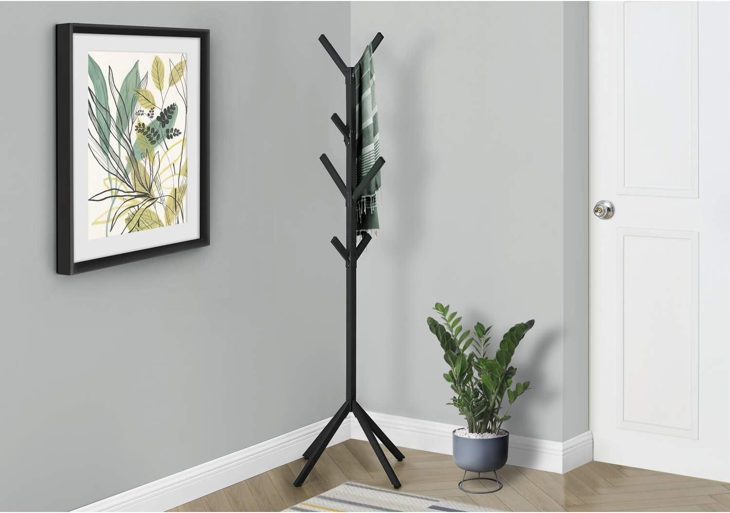 Monarch Specialties Coat Rack Hall Tree Free Standing 8 Hooks Entryway 70InchH Bedroom Metal Black Contemporary Modern