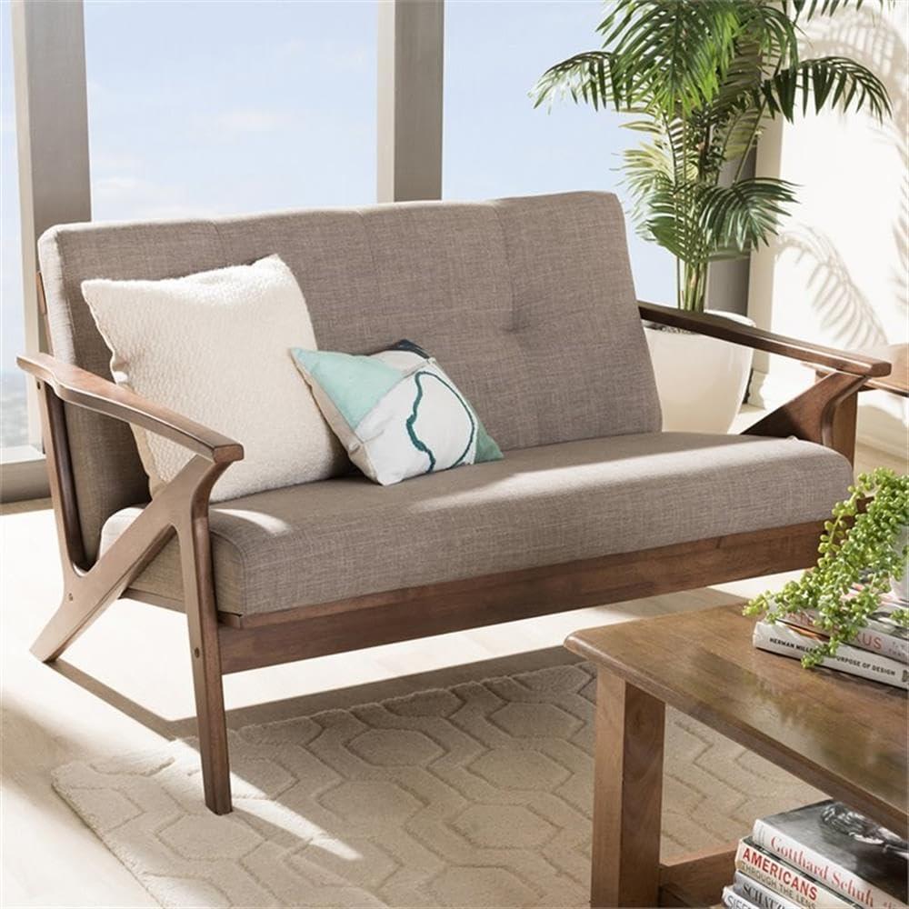 Bianca Mid-Modern Walnut Wood Fabric Tufted 2 Seater Loveseat Light Gray - Baxton Studio: Rubberwood Frame, Polyester Upholstery