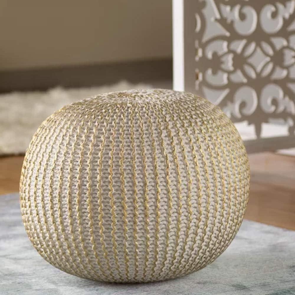 Ox Bay Caitlin Round Solid Print Hand Knitted Cotton Indoor Pouf, White