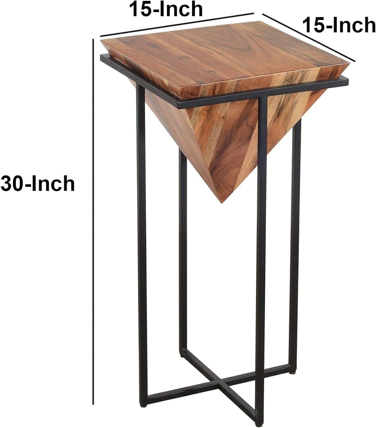 30-Inch Brown Acacia Wood Side Table with Black Metal Cross Base