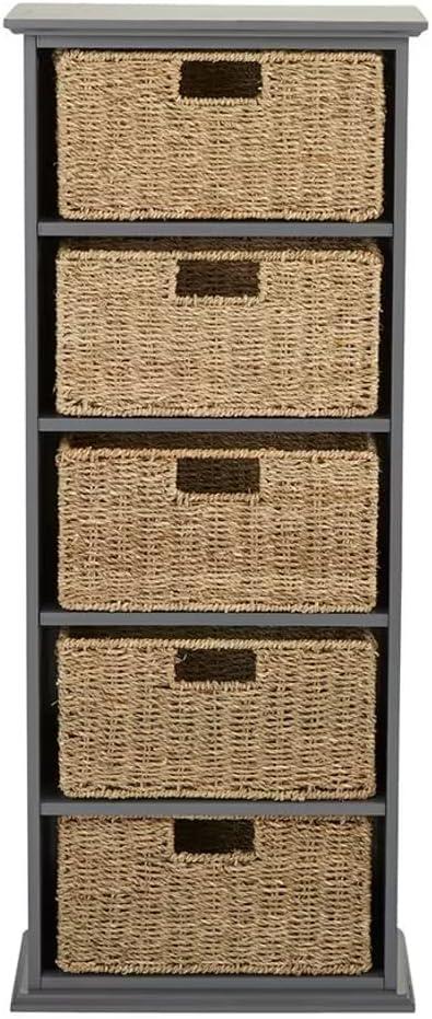 The Lakeside Collection Storage Bookcase with Set of 5 Baskets 5 Tier 15.5" W x 7"D x 38"H - Gray