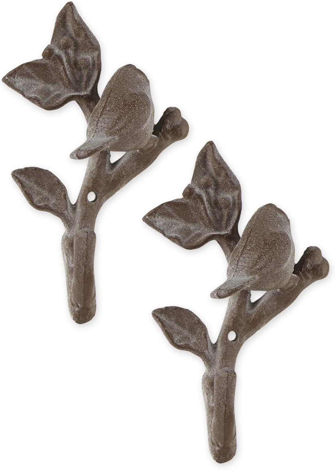 Cast Iron Bird with Leaves Wall Hook, Brown - Set of 2